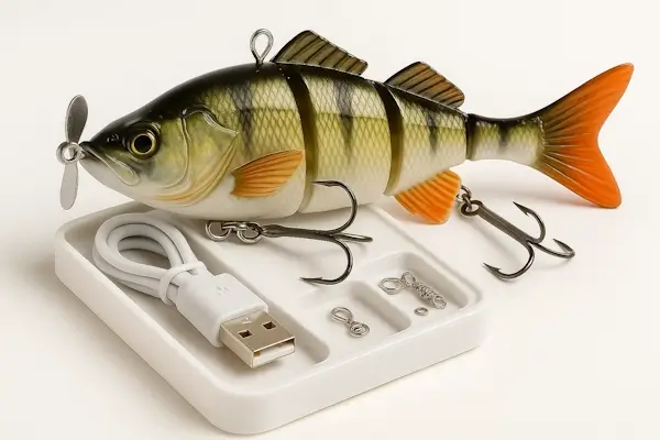 Robotic swimming fishing lure with LED lights that automatically swims and hooks fish